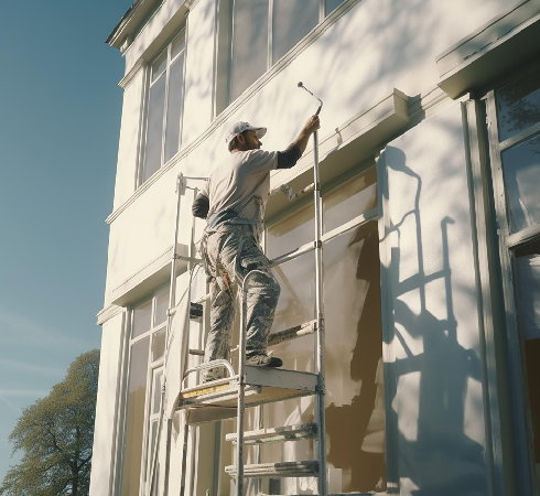 Professional exterior painter applying fresh paint to a multi-story home facade